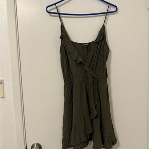 Express Olive Green Spaghetti-Strap Wrap Mini Dress